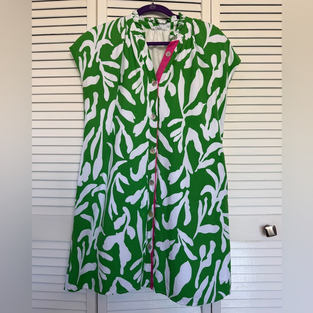 THML Green and White Printed  Dress with Pink Trim